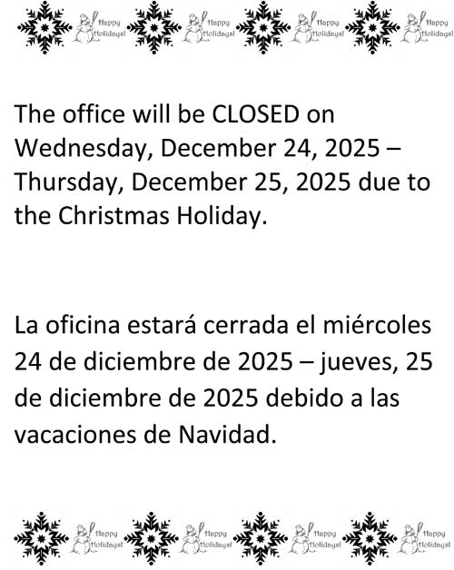 Office Closed Christmas Eve and Christmas Day, December 24 & 25, 2025